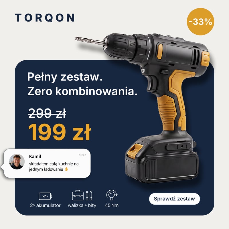 Baner reklamowy TORQON: wiertarko-wkrętarka, przecena z 299 na 199 zł, przycisk Sprawdź zestaw