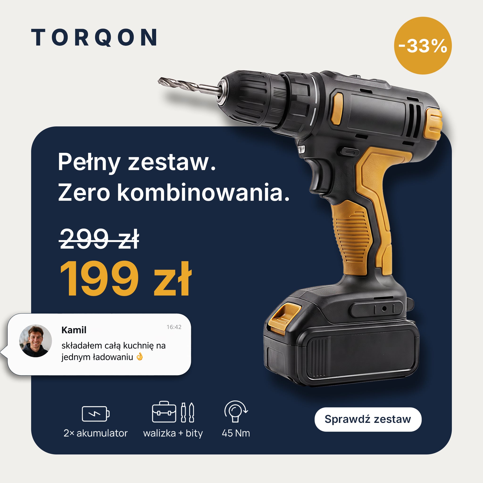 Kreacja reklamowa Meta ADS: wiertarko-wkrętarka Torqon w zestawie za 199 zł zamiast 299 zł