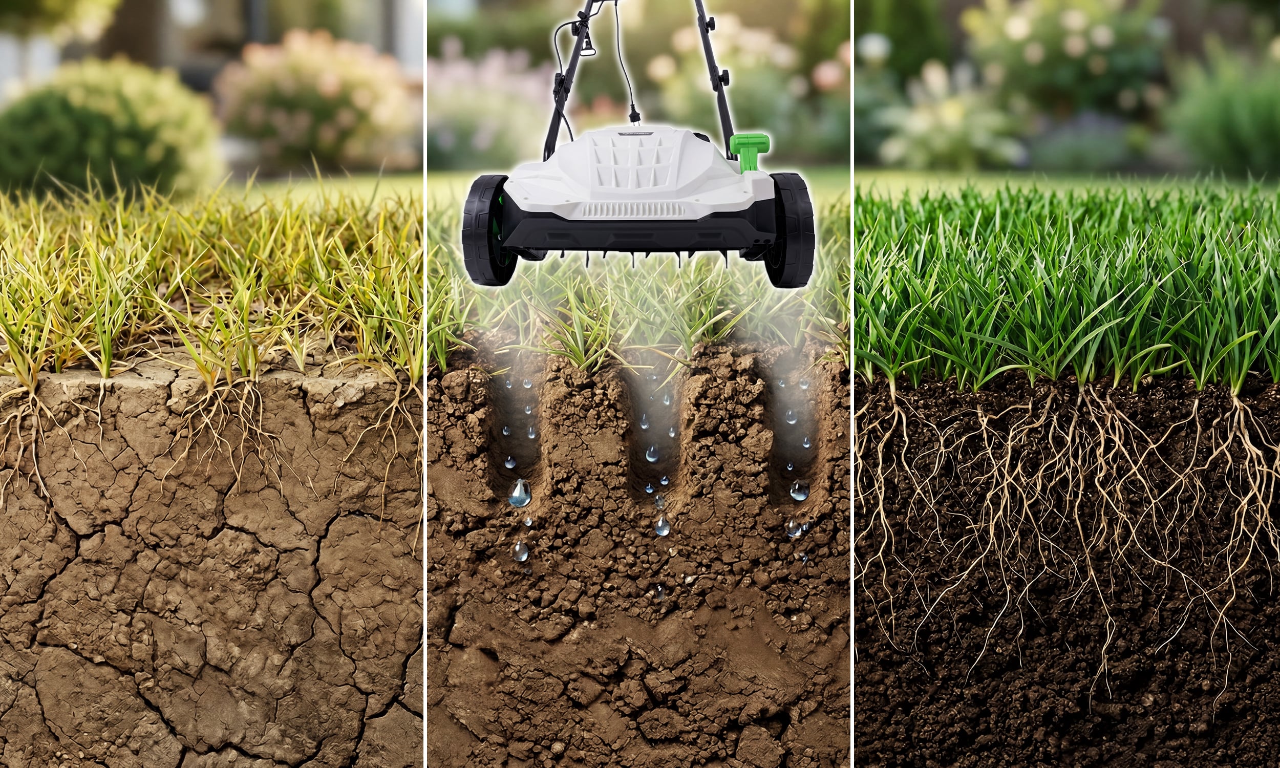 Aerator do trawnika — efekt przed po na glebie