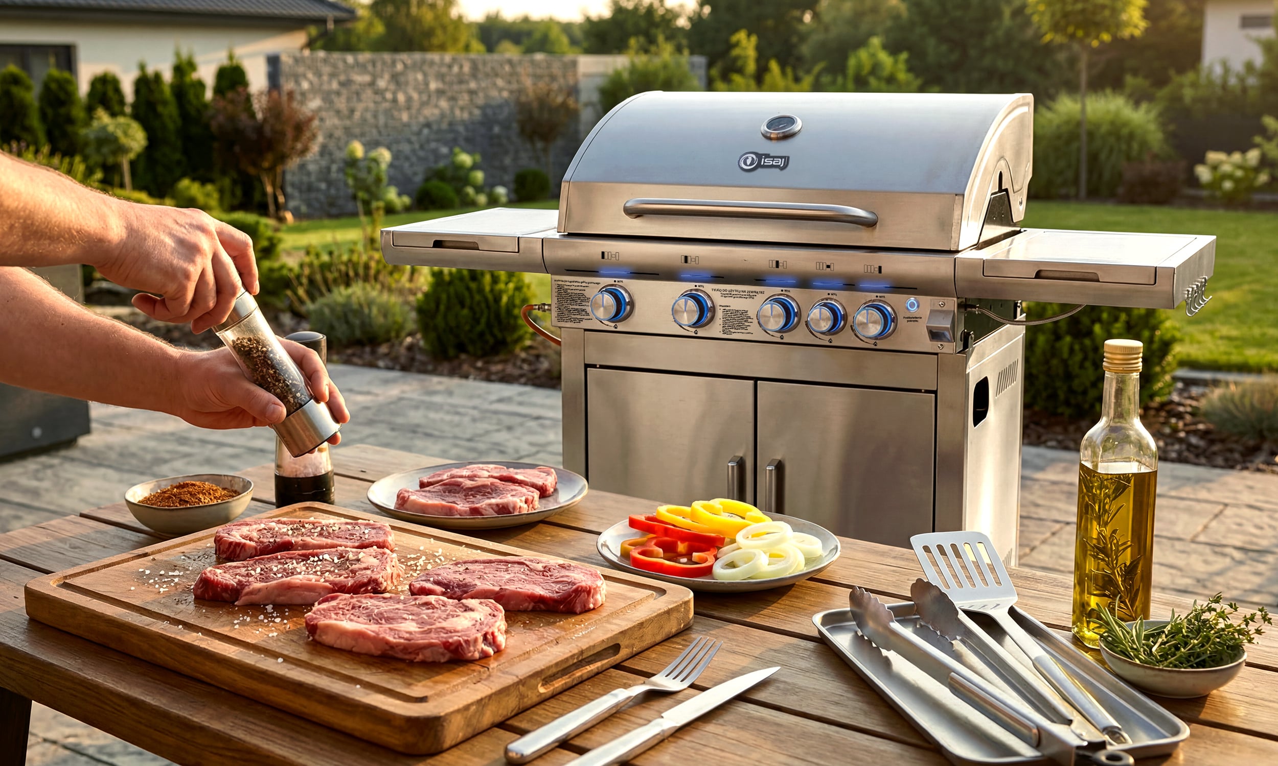 Grill gazowy — pakiet premium — przygotowywanie jedzenia + ladna sceneria