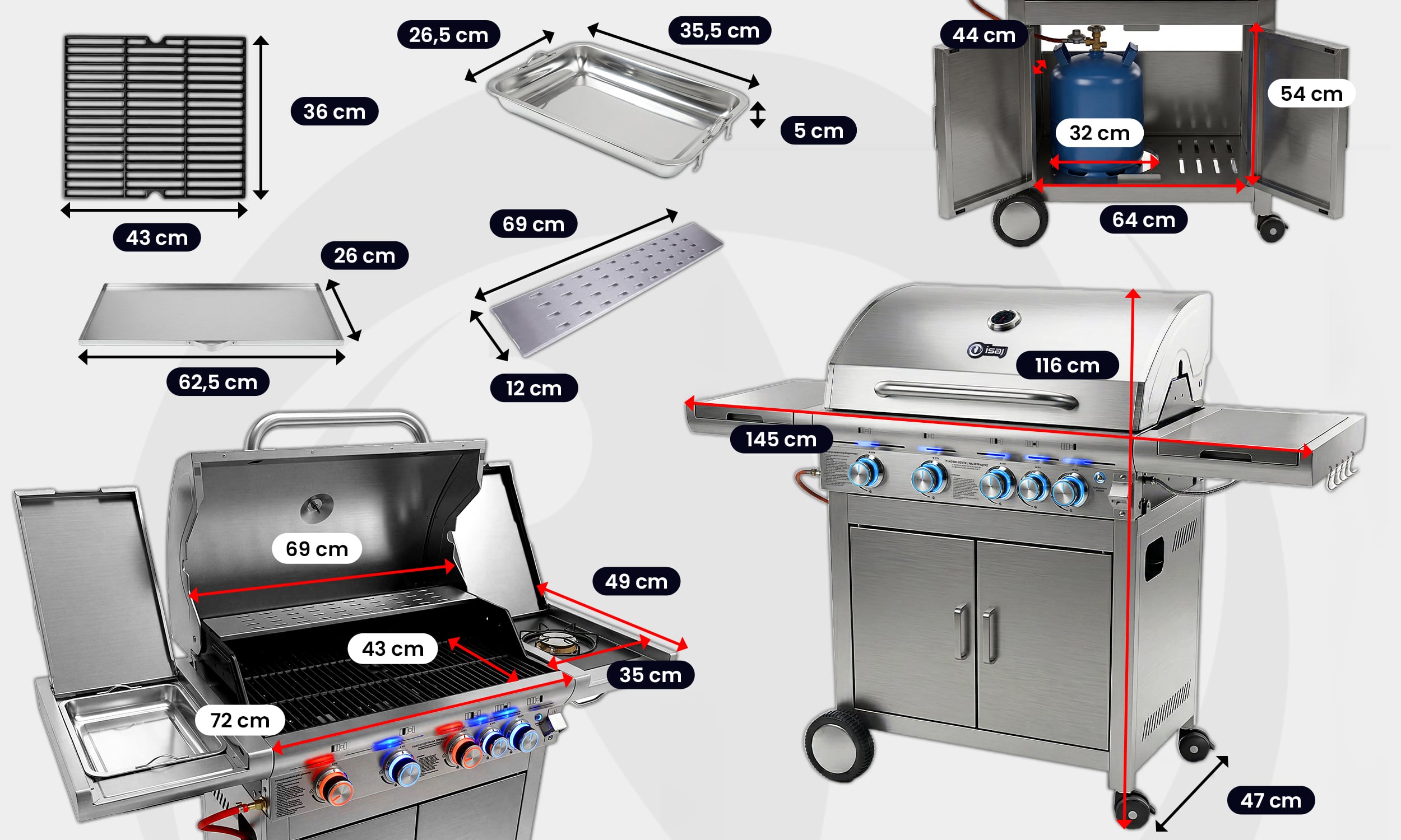 Grill gazowy — pakiet premium — wymiary